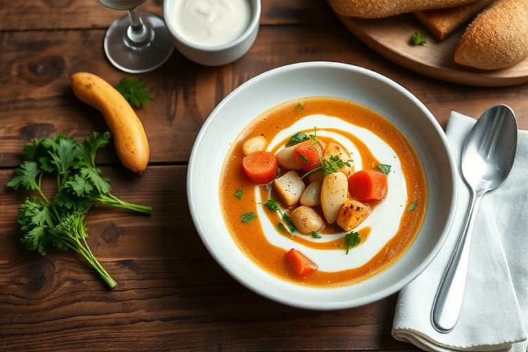 Karrégulrotsuppe med potet og spinat, servert med løksalsa og mynteyogurt