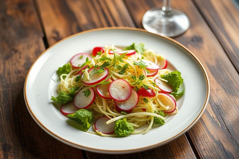 Friséesalat, radicchiosalat og asiatisk pæresalat med hasselnøttvinaigrette