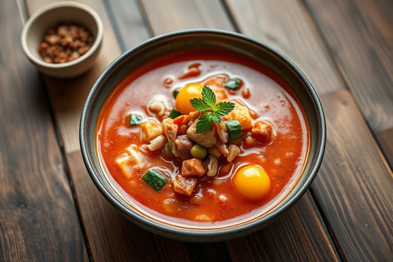 Thailandsk rød karrésuppe med kylling og grønnsaker