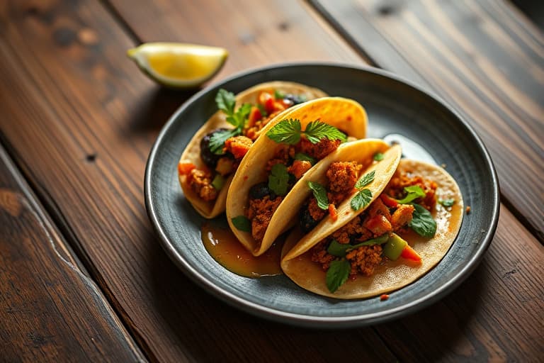 Tyrkisk lårkonfitte-taco med pasilla-puré og sylteagurk-erte- og fersken-salsa