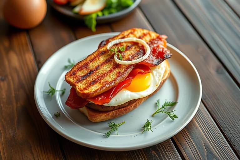 Fransk egg- og baconm sandwich