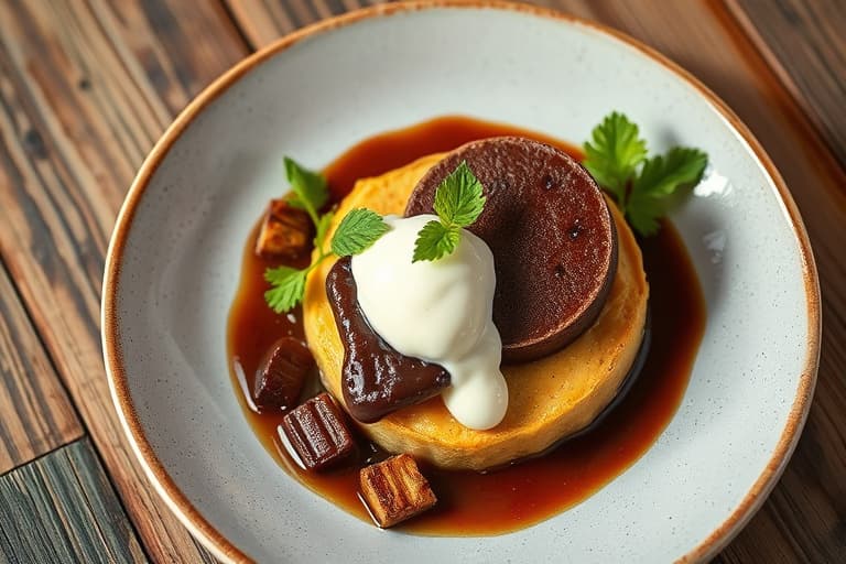 Sjokoladekaramellterte med berusede bringebær og vaniljecrème fraîche