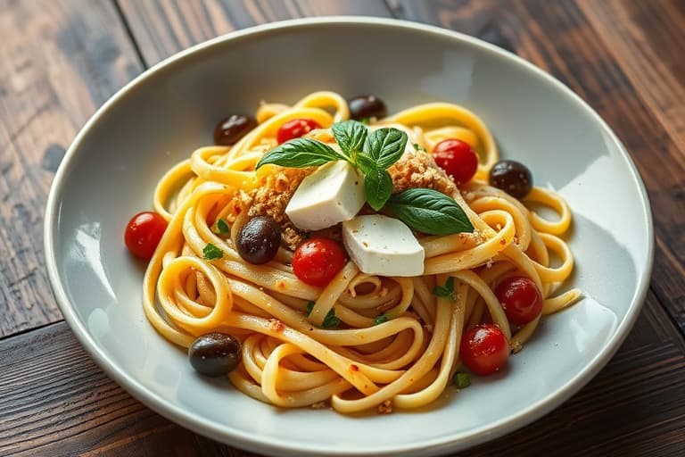 Rigatoni med Brie, druetomater, oliven og basilikum