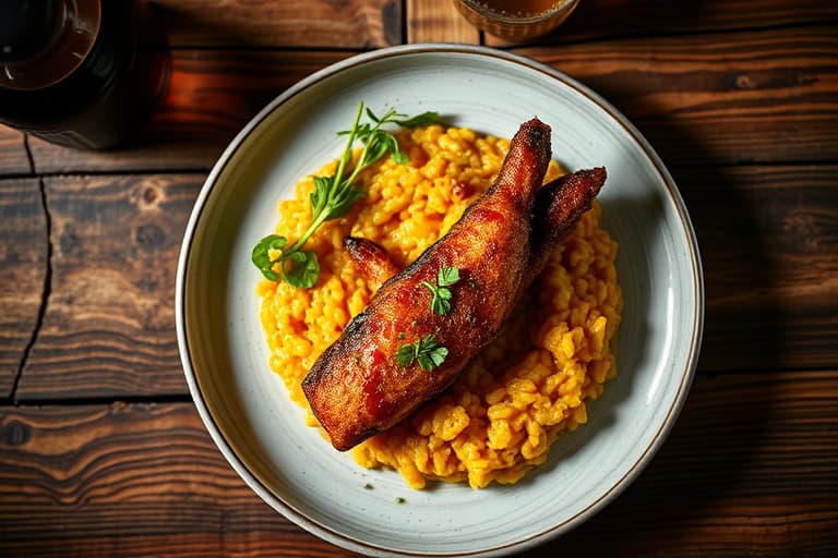 Friterte reker med maisgryn og risotto med butternut squash