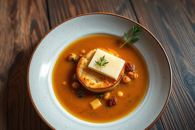 Løksuppe med masse timian og store, sprø crostini med Gruyère