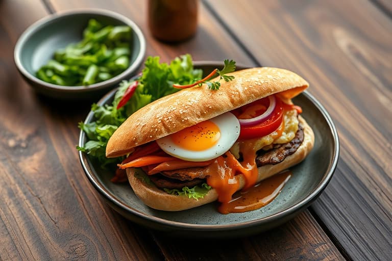 Frokost Banh Mi-sandwich med egg og pølse