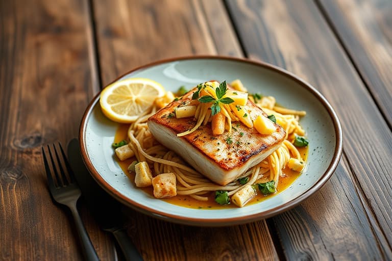 Stekt Ahi med brunt ris og ananas-ingefærbuljong