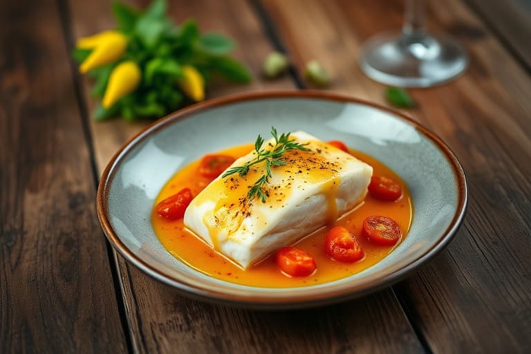 Poached Cod with Tomato and Saffron  
Poached Cod med tomat og safran