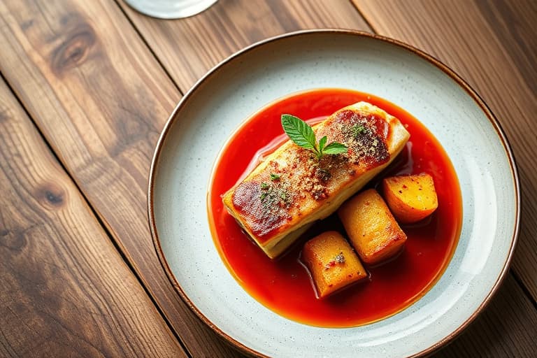 Kremet ostesaus med pepperrot, servert med maisgryn, pyntet med konfetti av ristet Poblano-pepper og rødløk