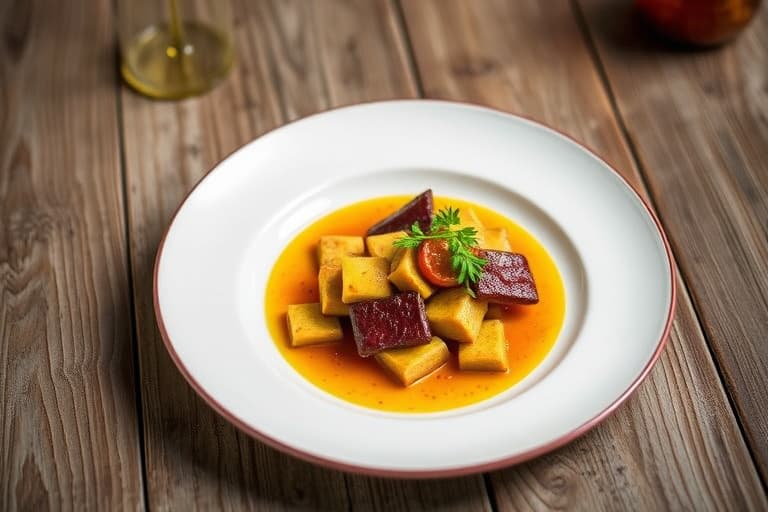 Tamarindbraiserte kortrever med trøffelpuré av jordskokk, vannkressepuré og glasert kantarell.