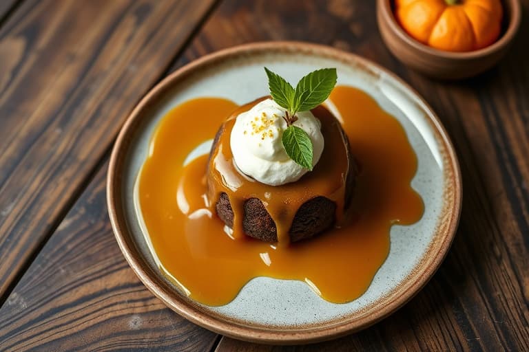 Sticky toffee pudding med blodappelsin, mandarin og pisket crème fraîche