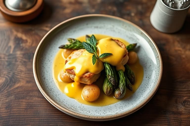 Konge-laks med sprøtt skinn, ovnsbakte asparges, fingerling-poteter og hollandaise-saus