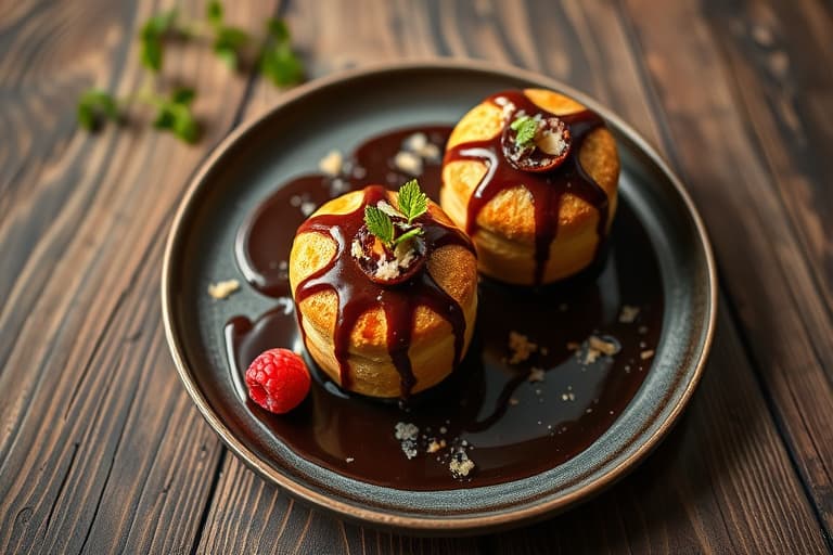 Individuelle croissantbrødpuddinger med tørkede kirsebær, bittersøt sjokolade og ristet pekannøtt