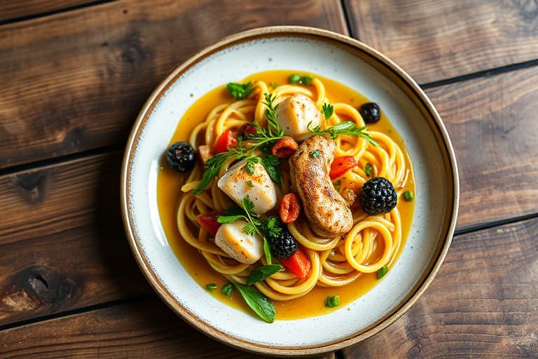 Kyllingbryst marinert i soyasaus med vannkresse- og pastasalat, servert med mangolime-puré