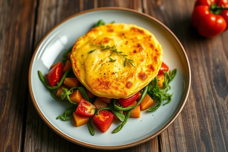 Cheddar-, løk- og rød paprika-soufflé omelett