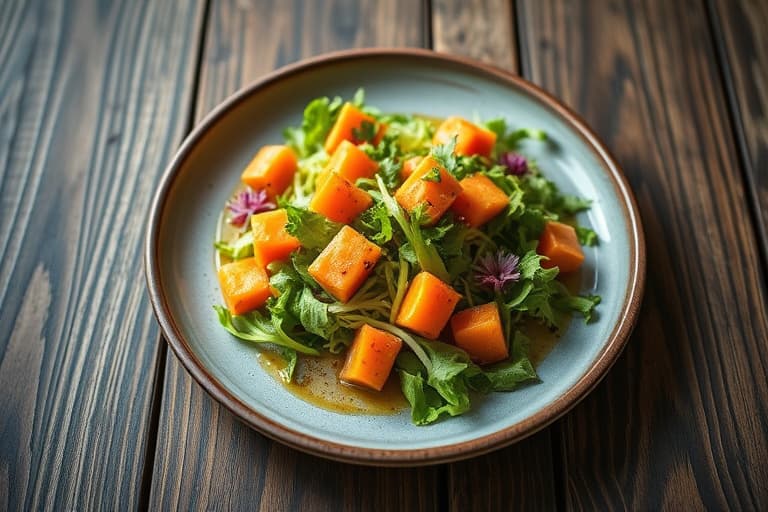 Fritert blekksprut, papaya og frisée-salat med krydret-syrlig dressing