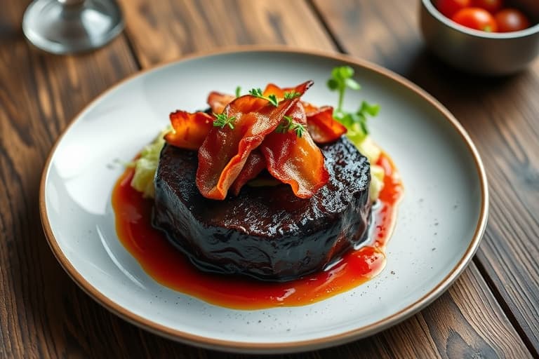 Panert svartkveite med vill amerikansk reke, svartøyebønne-kaker, eplevedtørket bacon, frisée-salat og røkt tomatsaus