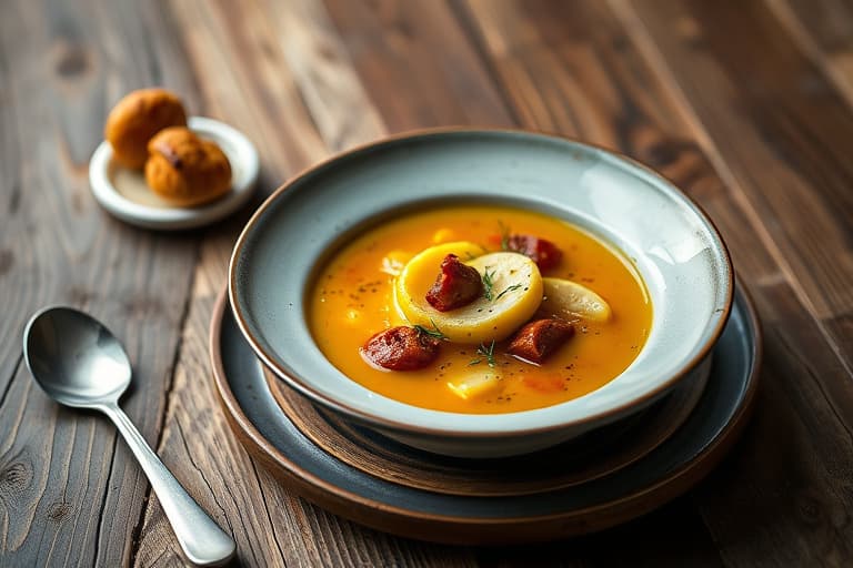 Yukon Gold-potetsuppe med gressløkolje, rødbetredusjon og søt hvitløksconfitkrutonger