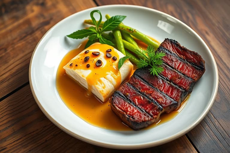 Dobbeltkontroll Kylling og Biff – Urtepoached kylling med olivensalsa over basmatiris og New York Strip-biff med Sauce Robert over småpoteter