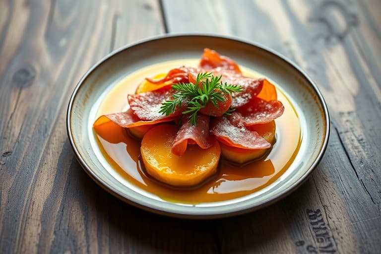 Sauterte squashstaver med prosciutto, servert med karamellisert løksaus og mangosaus