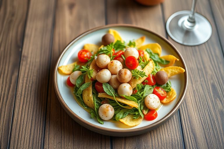 Babyspinatssalat med timian og Dijon-vinaigrette, servert med sprø sveitserostchips