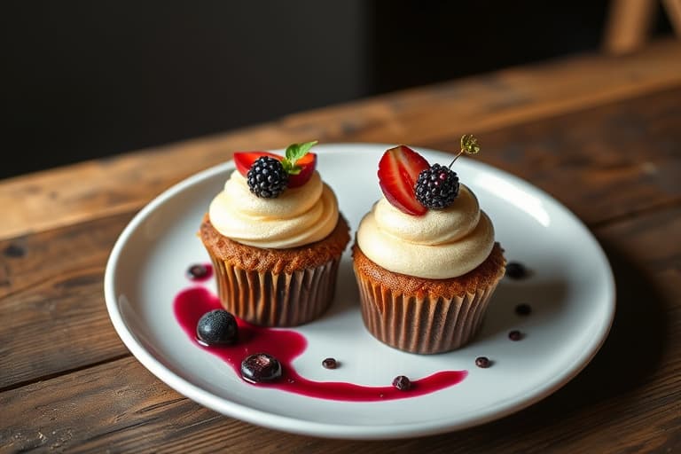 Mandlercupcakes med blåbærtequilafyll, toppet med marsipan og acai-bærkremostglasur