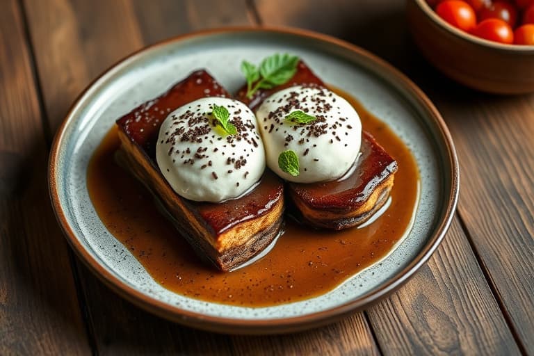 Sjokoladeblintzer med sjokoladekremet ricotta- og mandelfyll og varm kirsebærsauce