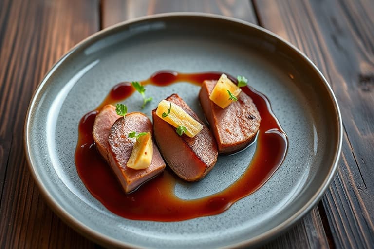 Trio av andebryst, confit av låret og stekt foie gras med horseradish- og pastinakkpuré samt huckleberry-brandy-saus