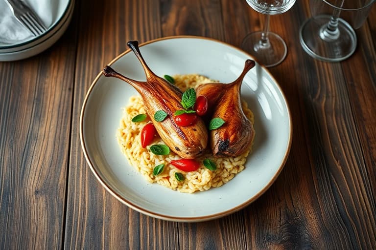 Partridges med femkrydret chilite- og te-rub, servert med grillet fennikel og vill sopp-orzo 'risotto'