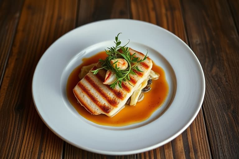 Rye-krustert stripet breiflabb med hummer- og krabbekrem, salsify-puré og Zinfandel-saus