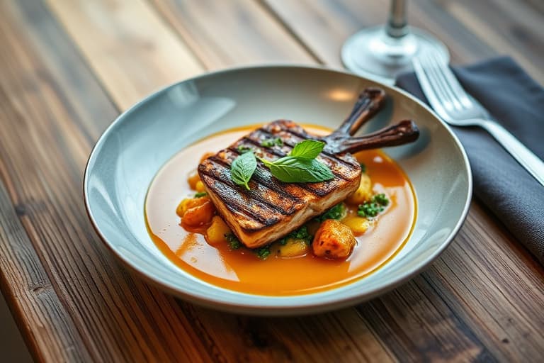 Hummer med blandede grønnsaker, honning-koriandersaus og basilikum-olivenoljefrukt.