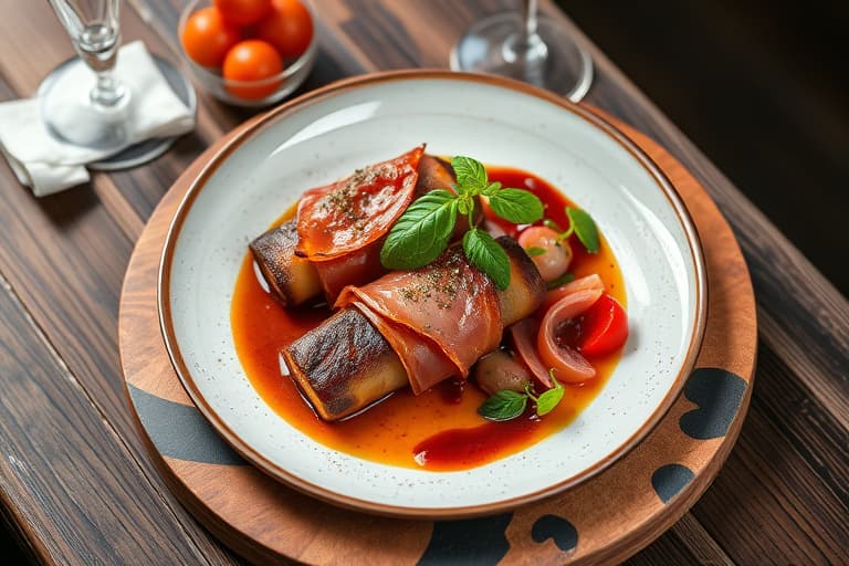 Grillet reker innpakket i prosciutto, servert med ruccolasalat, sylteagurk, og balsamico-reduksjon