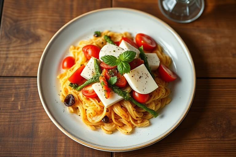 Salt frokostgrateng med et utvalg av toppinger: sopp- og løkjam, tomat- og pesto, samt avokado- og svartebønnesalsa