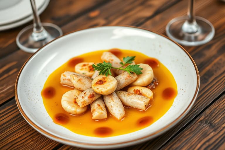 Rundstykke med fritert ramsløk- og kamskjellfyll, servert med krydret sylteagurkdressing