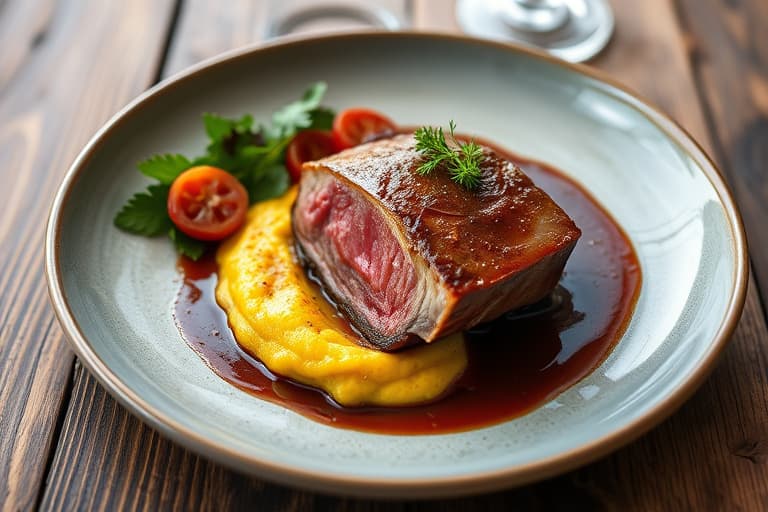 Patagonisk-inspirert langtidsstekt lam, ristet kremet polenta, Malbec og eikehonningreduksjon