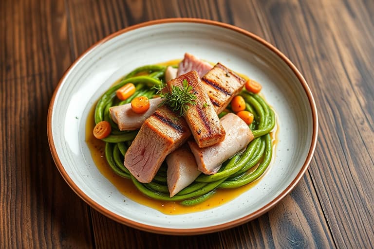 Sløyfer med pancetta, grillet laks og artisjokker, og blandet grønt med russisk pepperkorn-dressing