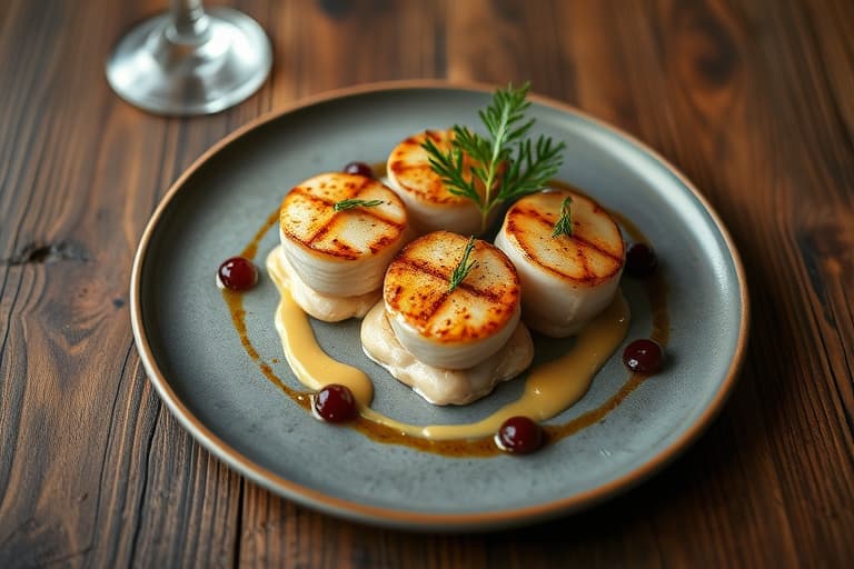 Fem krydder sjøscallop med stekt foie gras servert på pastinakkpuré, ferdigstekt med portvins-figgsjyse.