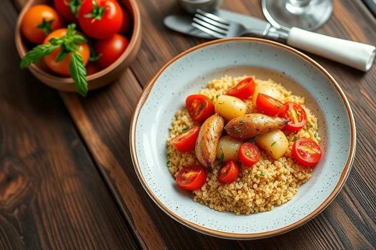 Stekt kylling med tomat og hvite bønner, servert med aprikos- og pinjekjerner couscous