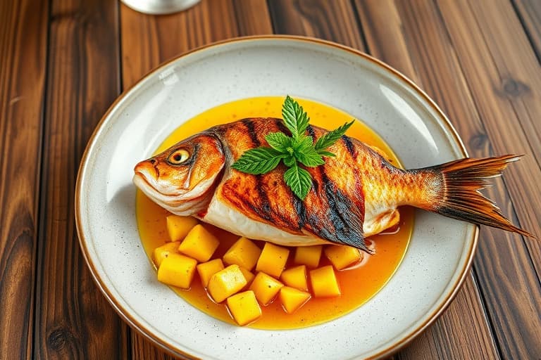 Panestekt Onaga (Rød snapper) med grillet sukkertopp-ananas, hawaiisk hjerte av palme og kafir-limejus