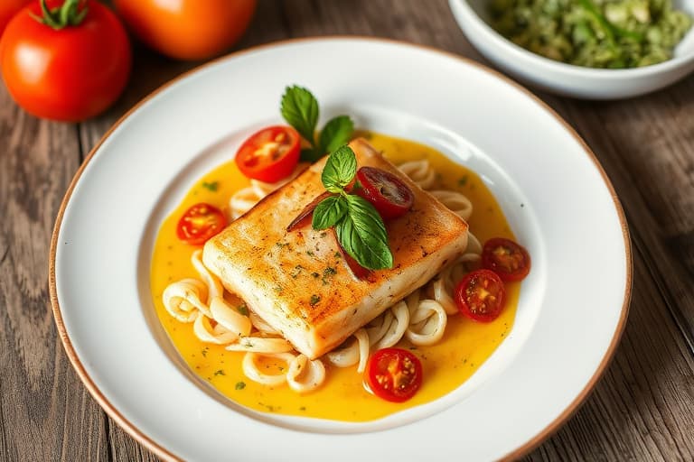 Grillet filét av kveite med ovnsbakte cipollini-løk og tomater