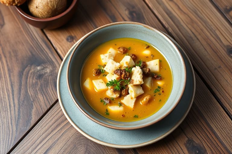 Kremet gresskarsuppe med terninger av Gruyère og smørstekte croutoner