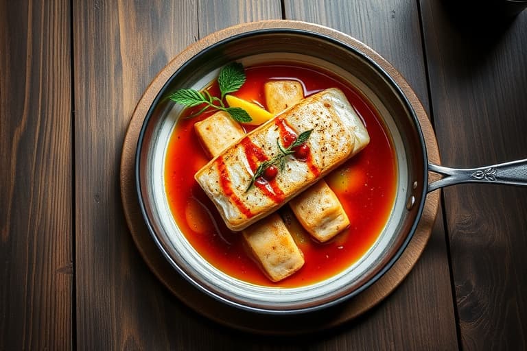 Panert katfisk stekt på panne med rød, ovnsbakt paprika- og limesaus, servert med ristet solsikkefrø