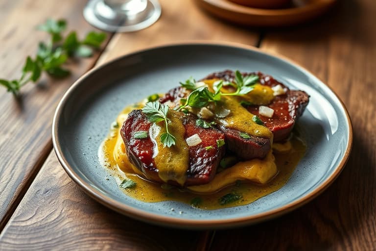 Beefsteak Florentine i olivenolje og hvitløksmarinade med Nancys soppsvinaigrette