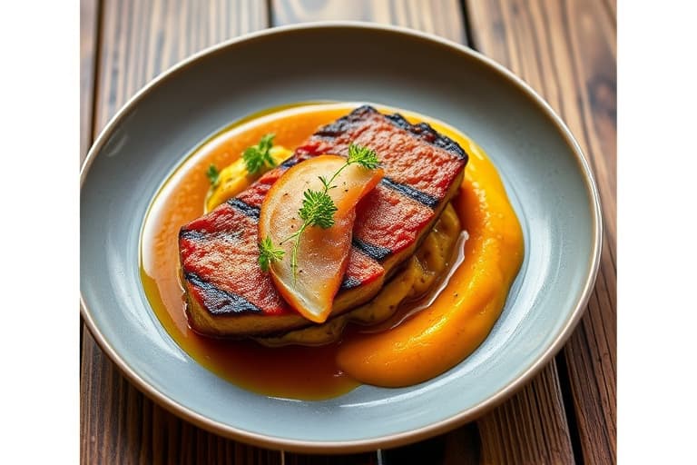 Herbkrustet rack av SPAM® med Spamcetta-ruller, sprøe gryn og puré av butternut squash