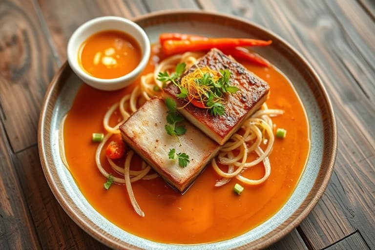 Sesamstekte reker med hodet på, servert med agurkkimchi og koreansk chilisaus med aioli