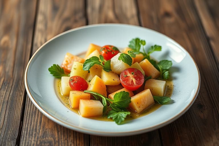 Vårsalat med vannmelon, vannkresse og vårløk, servert med en sjalottløk- og sitrusvinaigrette