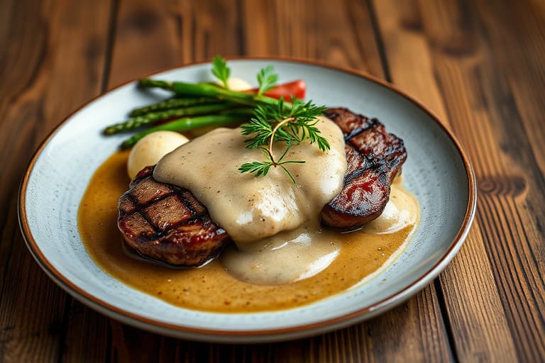 Salisbury steak med vill sopp-saus, knuste poteter med hvitløk, urtekremost og gressløk, kremet spinat