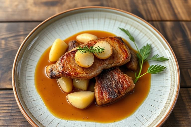 Hickory-røkte svinekoteletter med blåmuggostmos og karamelliserte pærer og løkstrimler