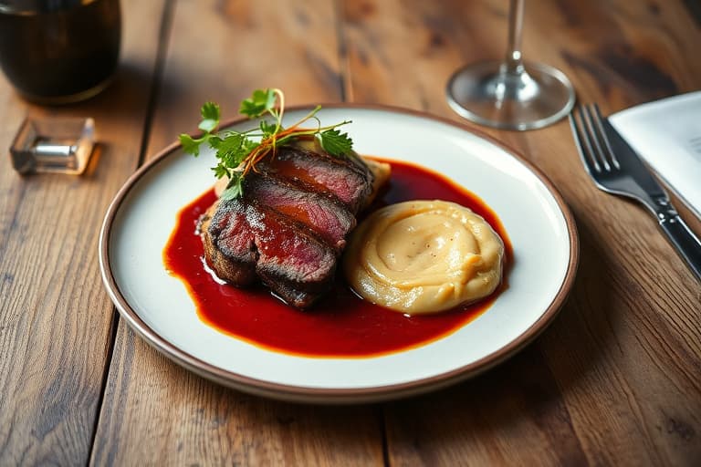 Ristet Chateaubriand med rødvins- og soppsaus, servert med potetpuré