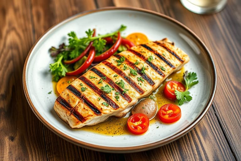 Grillede sjøkreps med koriandertrekk, servert med kikertersalat, rød peppersennep og korianderolje